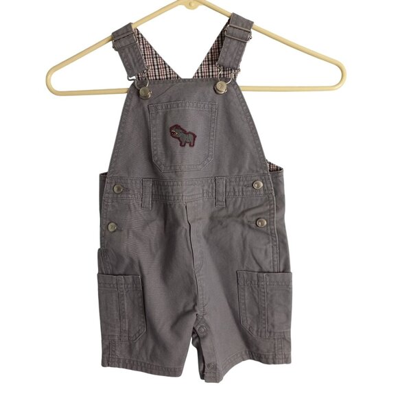 Gymboree Size 12 18 Mos Shortalls Infant Cargo Gray Plaid Cotton Rhino Patch NEW - Picture 1 of 7